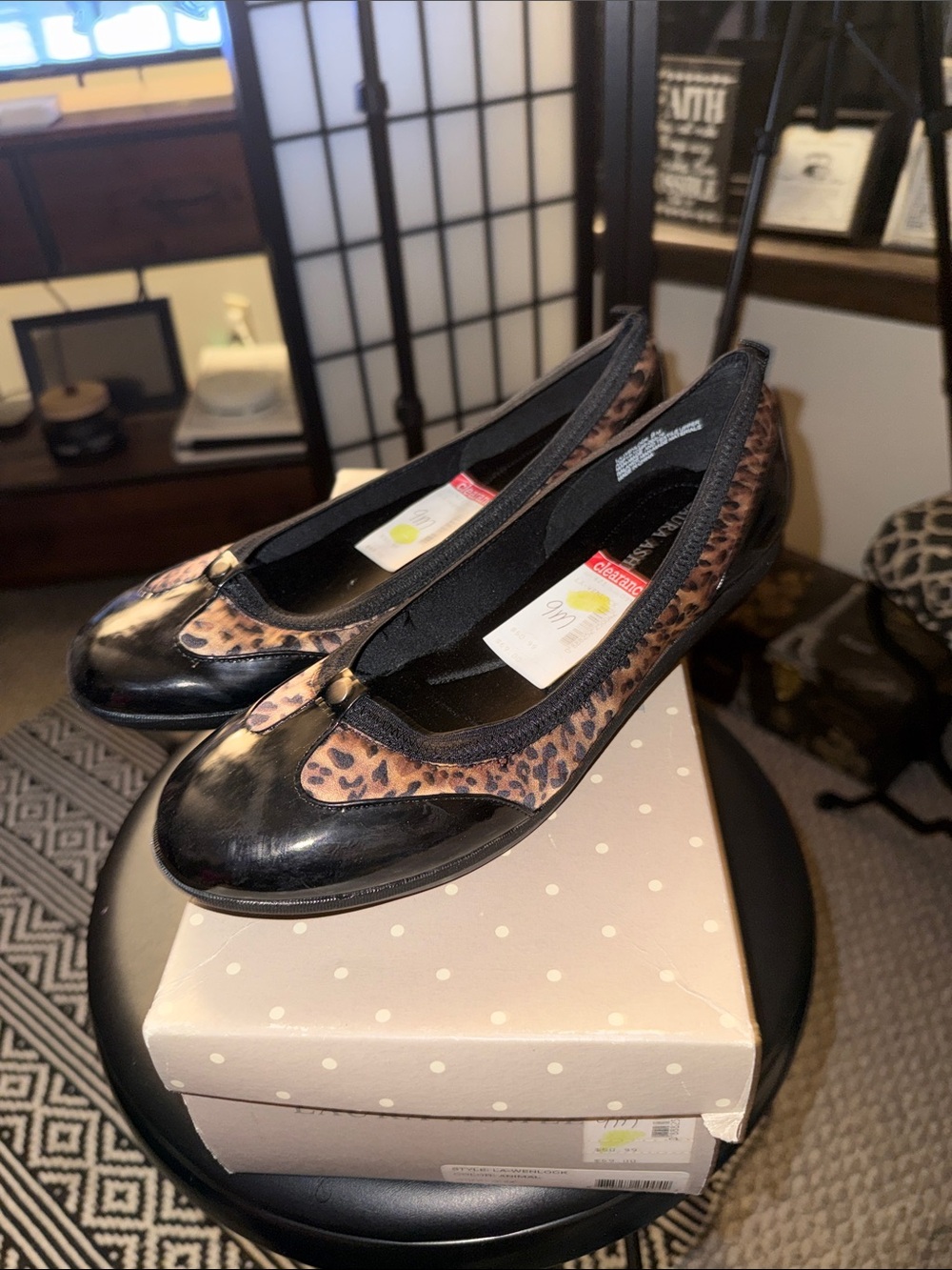 Laura Ashley Black Patent and Leopard-Print Ballet Flats